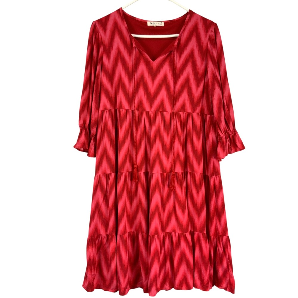 Indigo Soul Red Chevron Tiered Tassel V Neck 3/4 Sleeve Dress Size S